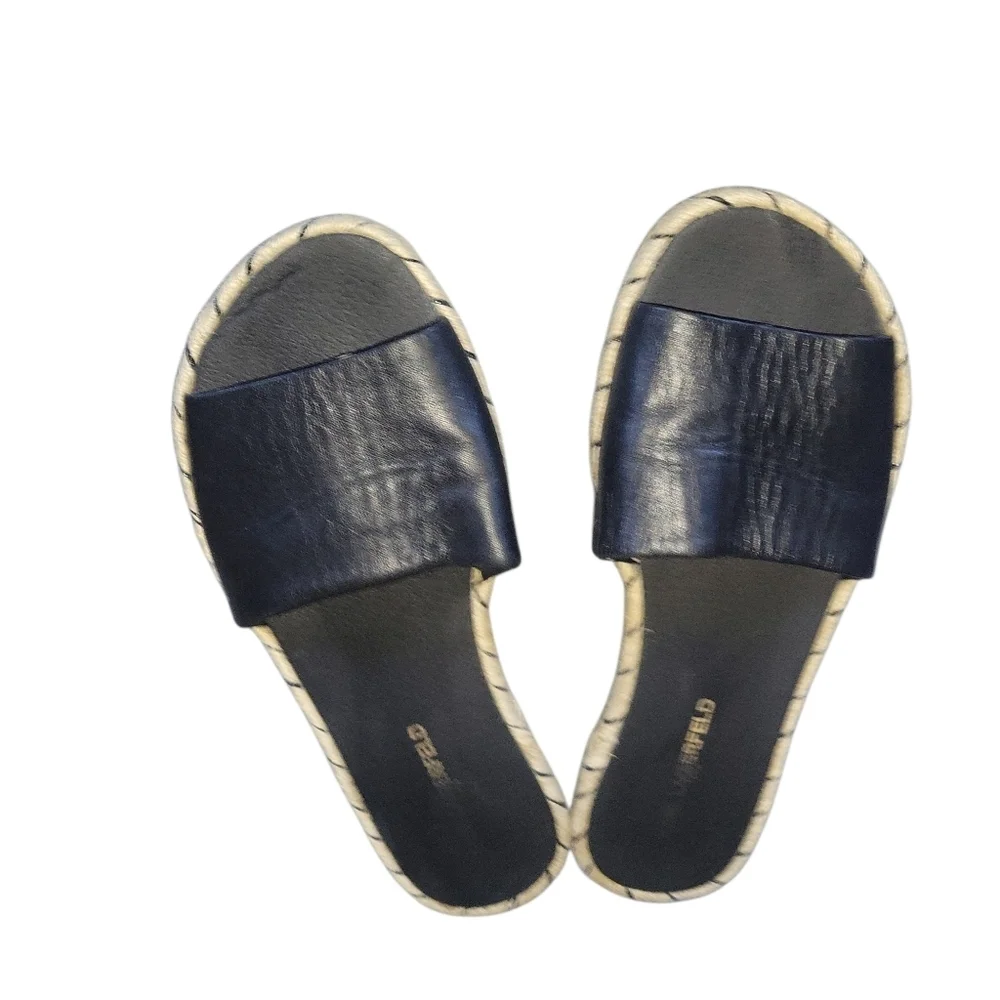 Karl Lagerfeld Black Leather Espadrille Accent Braided Women's Slides Sandals